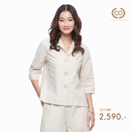 C&D womans blouse Minimal Beige เสื้อผู้หญิง ลายปัก ปกฮาวาย แขนสามส่วน สีเบจ CZ13BE