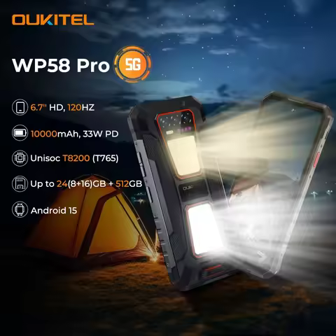 OUKITEL WP58 PRO 5G Rugged Phone 24GB(8+16) RAM + 512 ROM, 6.7'' HD 10000mAh 33W Android 15 NFC Cell