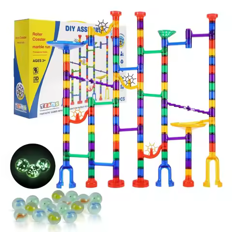 Marble Run Set, 145 Piece Marble Maze Building Block Brain Game, with 5 Glow in the Dark Marbles + 4