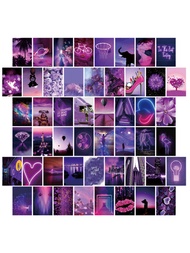 50入組房間裝飾美學，魅力紫色粉彩牆拼貼套件美學海報臥室美學牆飾紫色主題圖片臥室裝飾少女美學拼貼套件，明信片
