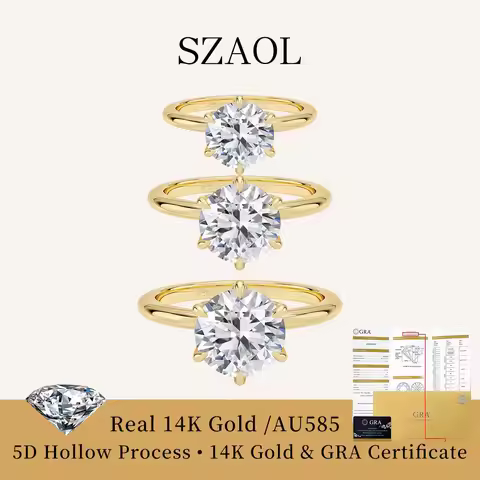 Classic 14K Gold 6 Claw 1ct 2ct 3ct Round Moissanite Diamond Wedding Ring GRA for Her Everyday Wear 