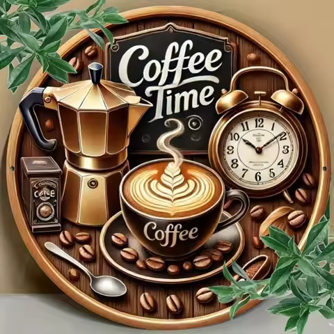 1pc "Coffee Time" 2D Round Metal Wall Sign (7.87x7.87"/20x20cm) - Metal Art for Bar/Gym/Craftsman Wo