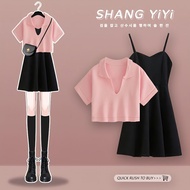 QI HAO Plus Size Women's Summer Suit Short-Sleeved Top Age-Reducing Slimmer Look Covering Flesh Slin