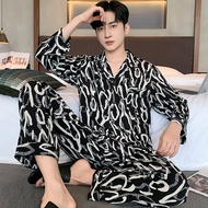 High-quality Mens Pajama Set Spring and Autumn Ice Silk Premium Long-sleeved Pajama Set