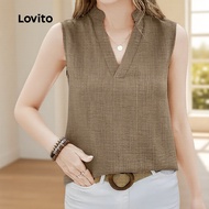 Lovito Casual Blouse Pleated Button Spring/Summer Khaki untuk Wanita L154ED445