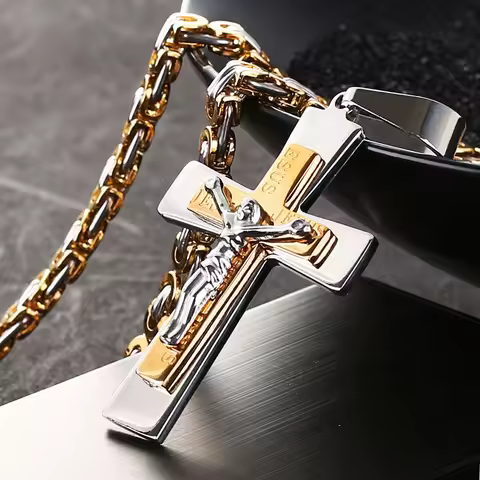 Catholic Jesus Christ Cross Pendant Necklace Stainless Steel Long Byzantine Chain Crucifix Cross Nec