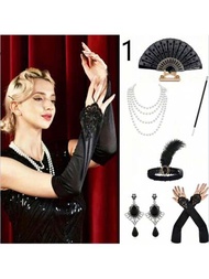 1980年代風格配件套裝 Amazing Gatsby系列羽毛頭飾、人造珍珠項鍊、手鐲、菸杆、長襪、手套、耳墜、摺扇、人造羽毛條圍巾