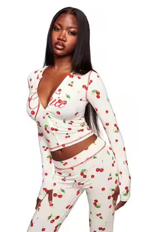 IAMGIA Women White Cherry Letter Print Two Piece Outfit Zip Crop Hoodie Contrast Trim Flare Pants Sl