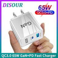 DISOUR Original US/EU/UK Plug 65W GaN Fast Charger QC3.0 USB+Type-C PD For Infinix Xiaomi Redmi Huawei iPhone Oppo Vivi Charge Cable 5V/6.6A 9V/3A 12V/2.75A 20V/1.67A Quick Charging For IOS Android