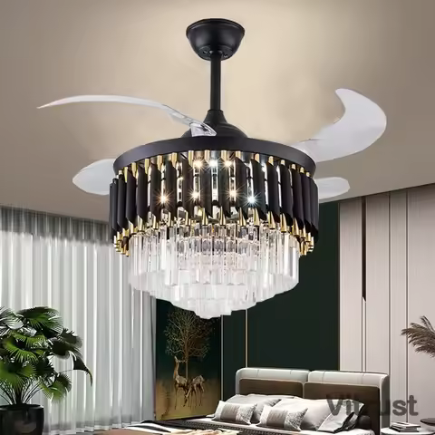 Crystal Ceiling Fan Noiseless DC Motor Dimmable 3 Color Retractable Ceiling Fan with Light Chandelie