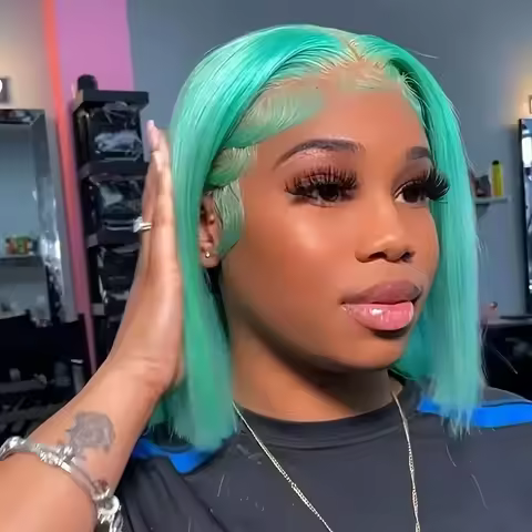 Mint Green Colored Short Bob Straight 13x4 Lace Frontal Wigs Human Hair Wigs100% Wearing It While Sh