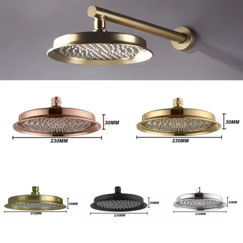 Brushed Gold Round 9 Inch Stainless Steel High Pressure Rain Shower Head Wall Mounted Shower Arm Bat