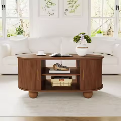Rectangle Coffee Table, Mid-Century Modern Coffee Table with Storage & Sliding Doors,Fluted Coffee T