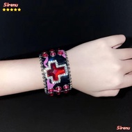 SIRENUZV Leather Bracelet, Grunge Skull Charms Gothic Jewelry,  Red Crystal Cross Korean Punk Retro 
