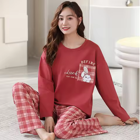 Newest Spring 100％ Cotton Women Pajamas Set Cute Cartoon Pijama Long Sleeve Sleepwear Female Homewea