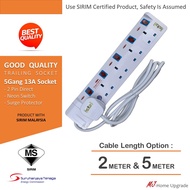 *GOOD QUALITY* 5 Gang Trailing Socket With SIRIM 2 or 5 Meter Cable Length