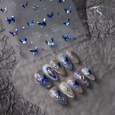 5D Holographic Blue Butterfly Nail Stickers Cute Star Self-Adhesive Decals Aesthetic DIY Manicure fo