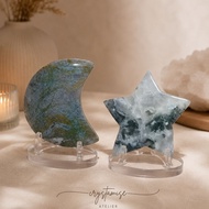 Moss Agate Moon & Star Carving | Crystal Decor | One-of-a-Kind Moss Agate Display Piece
