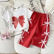 2pcs/Set Baby Girls' Red And White Summer Cute 2nd Birthday Outfit,Lace Bow Pearl Embroidery T-Shirt