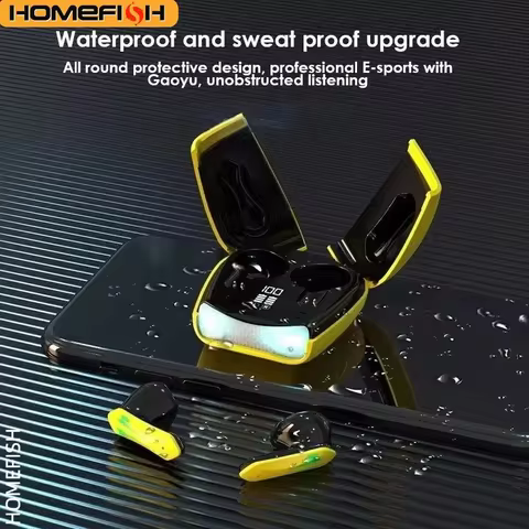 HOMEFISH Gaming Wireless Earbuds Bluetooth 5.2 Low Latency, Waterproof with Cool LED Lights, 24H Pla