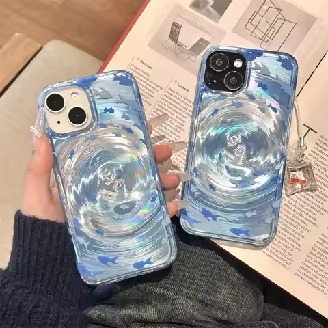Luxury Ripple Vortex Blue Ocean Fish Group Phone Case For iPhone 16 Pro Case iPhone 15 17 14 13 11 1