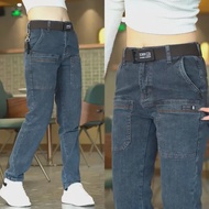 เกาหลีแฟชั่นผู้ชายกางเกงยีนส์ Cargo DENIM กางเกงสีฟ้าสีเทากระเป๋า DENIM กางเกงตรง Jean สตรี Streetwe