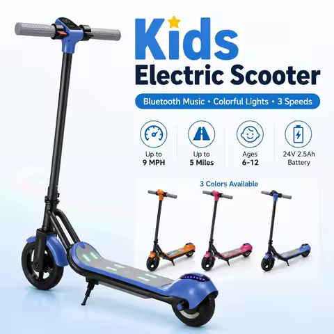 Electric Scooter with Bluetooth Music, Colorful Lights, 3 Speeds, Foldable, 132 LBS Capacity, Ages 6
