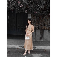Silk Dress with pleated waist and loose bust, over-the-knee length for work, going out, party UP2 wo