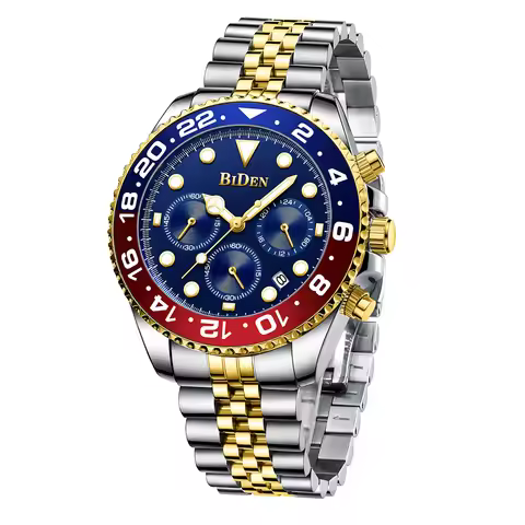 BIDEN Men's Watch Multi functional Quartz Watch Solid Steel Strap Six Pin Multi functional Waterproo