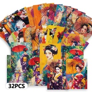 Colorful 32pcs Geisha-themed Postcards, Thick Cardstock, High-definition Printing, Decorative Sticke