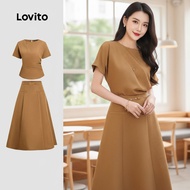Lovito 女士优雅上衣或下装褶皱春夏棕色裙子 L155ED610