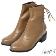 《Ann’s 貼腿彈力皮革後綁帶內增高短靴4cm》二手鞋/大尺碼女鞋/女靴/靴子/41.42.43/26/卡其色/真皮