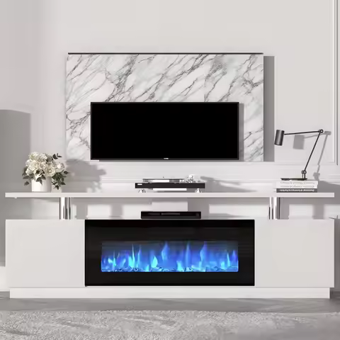70-Inch White Contemporary Electric Fireplace TV Stand with Adjustable LED Flames and 36-Inch Heater