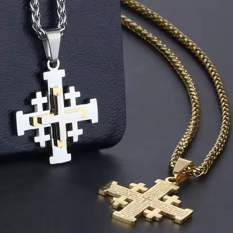 Religious Holy Bible Verse Necklaces for Men Women Stainless Steel Jerusalem Cross Pendant Chain Nec
