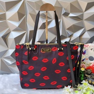 Kate Spade Classic Medium Dawn Satchel Two Zip and Tab Closure Nylon Bag - Black with Red Lips Print Women's Tote Bag with Sling