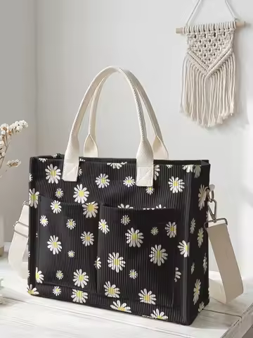 Daisy Print Black Corduroy Tote Bag Large Capacity Multi Pocket Commuter Shoulder Bag