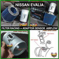 paket Open filter Racing plus Adaptor air flow maf sensor mobil NISSAN Evalia. Open Filter udara sim