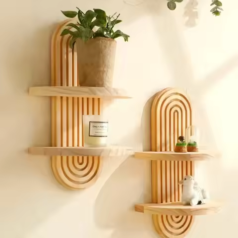1Pc Wooden Wall Mounted Shelves, Boho Style Rack, Modern Home Decor for Living Room, Bathroom Displa