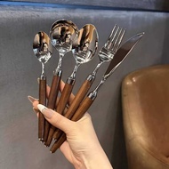 Ruby Wooden Handle18/10 Stainless Steel Cutlery Fork Spoon Set Main Spoon Main Fork Round Head Spoon