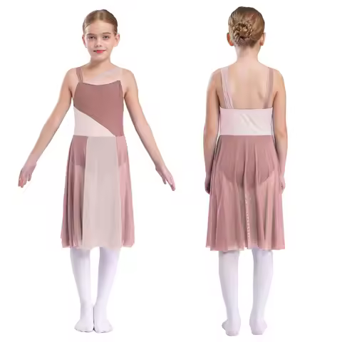 Kids Girl Ballet Lyrical Dance Dress Color Block Mesh Split Gymnastics Leotard with Skirt Ice Skatin