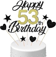 Conruich Cake Decoration 53rd Birthday Man, Cake Topper Happy 53th Birthday Black, Glitter Cake Deco
