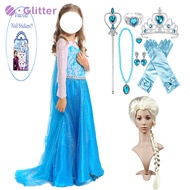 Dress for Kids Girl Frozen Elsa Cosplay Costume Blue Long Sleeve Snow Queen Princess Dress with Cape Crown Wig Accessories Nail Stickers Outfits for Kid Girls Clothing