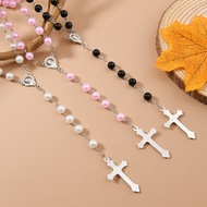 Catholic Rosary Necklace Pearl - Cross Prayer Beads Gift for Baptism Communion, Simulated Pearl Jewe