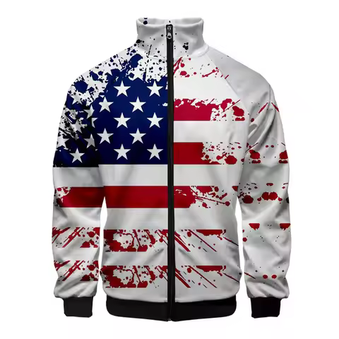 USA Flag American Stars and Stripes 3D Stand Collar Hoodies Men Women Zipper Hoodie Casual Long Slee
