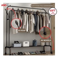 ASOTV 0015 Single Double Clothes Rack Strong Steel With Wheels Rak Baju Besi Penyangkut Baju Beroda 