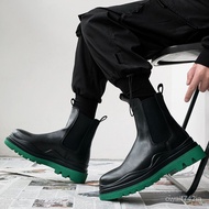 ZZBritish Style Leather Chelsea Boots Men's FashioninsSmoke Pipe Internet Celebrity Wave Green Background Dr. Martens B