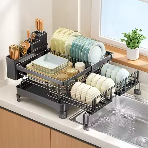 Expandable Dish Drying Rack Over Sink Foldable Kitchen Drainer Rack Plate Bowl Cutlery Holder Storag