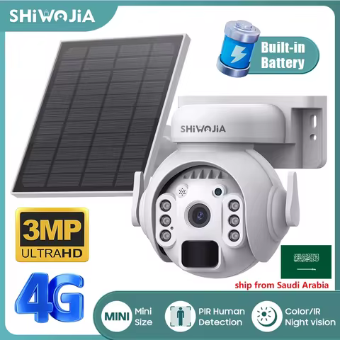SHIWOJIA 3MP 4G SIM Solar Camera 5W Panel Security PTZ Camera Night Vision PIR Human Detection Surve