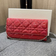 Christian Dior CD 玫瑰粉亮面漆皮銀鏈長夾 皮夾 手提包 晚宴包