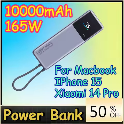 10000mAh 165W Power Bank USB C Cable LED Display Portable Charger for Macbook IPhone 15 Xiaomi 14 Pr